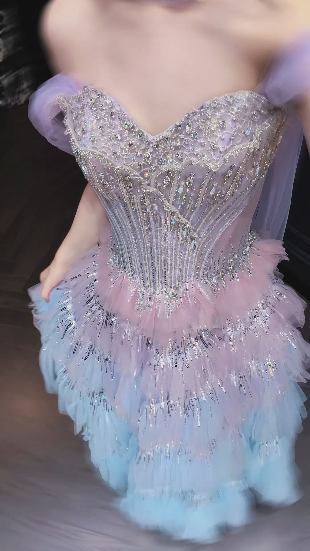 Ethereal Pastel Ombre Corset Beaded Tiered Tulle Evening Gown SL227