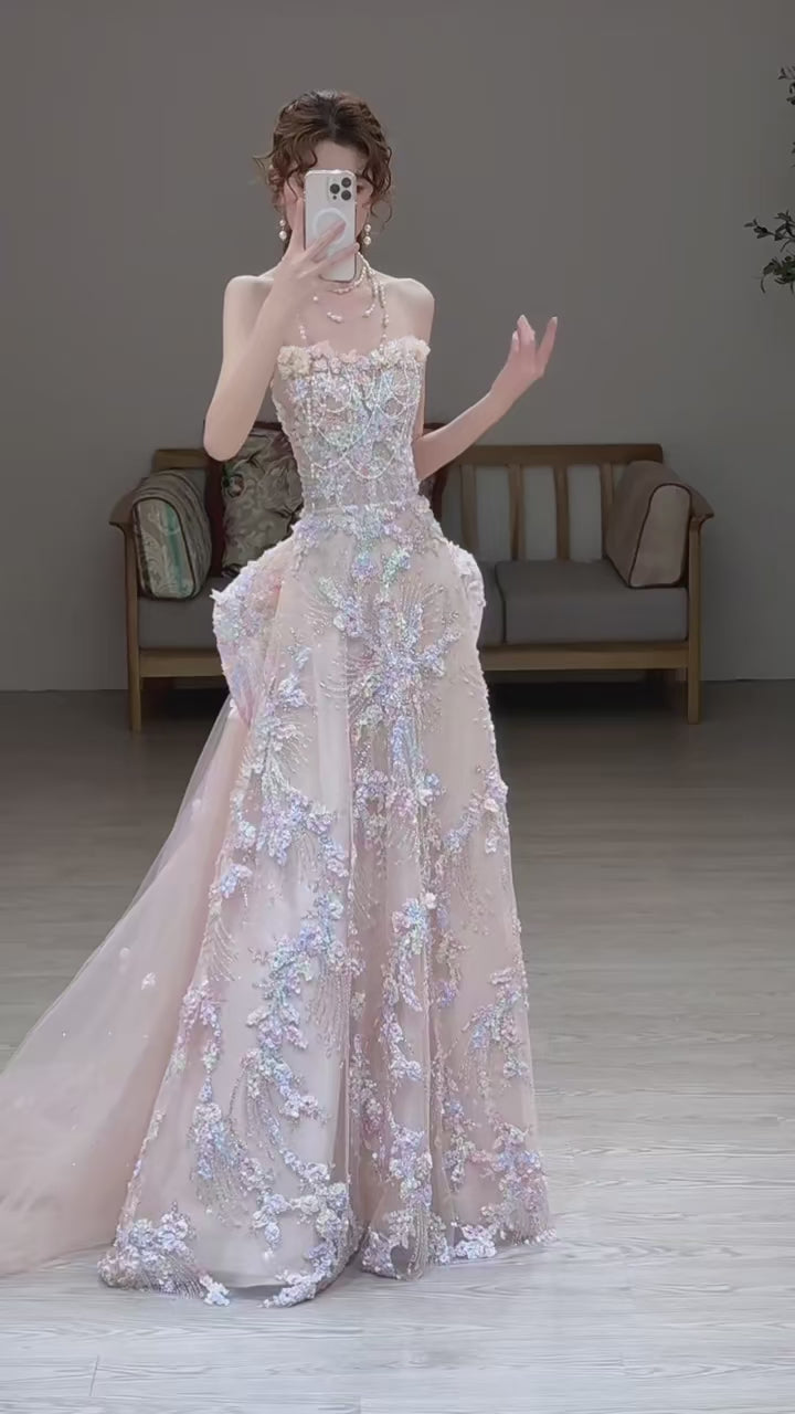 Luxury Garden Floral Evening Gown with Hand Beaded Embroidery WL165