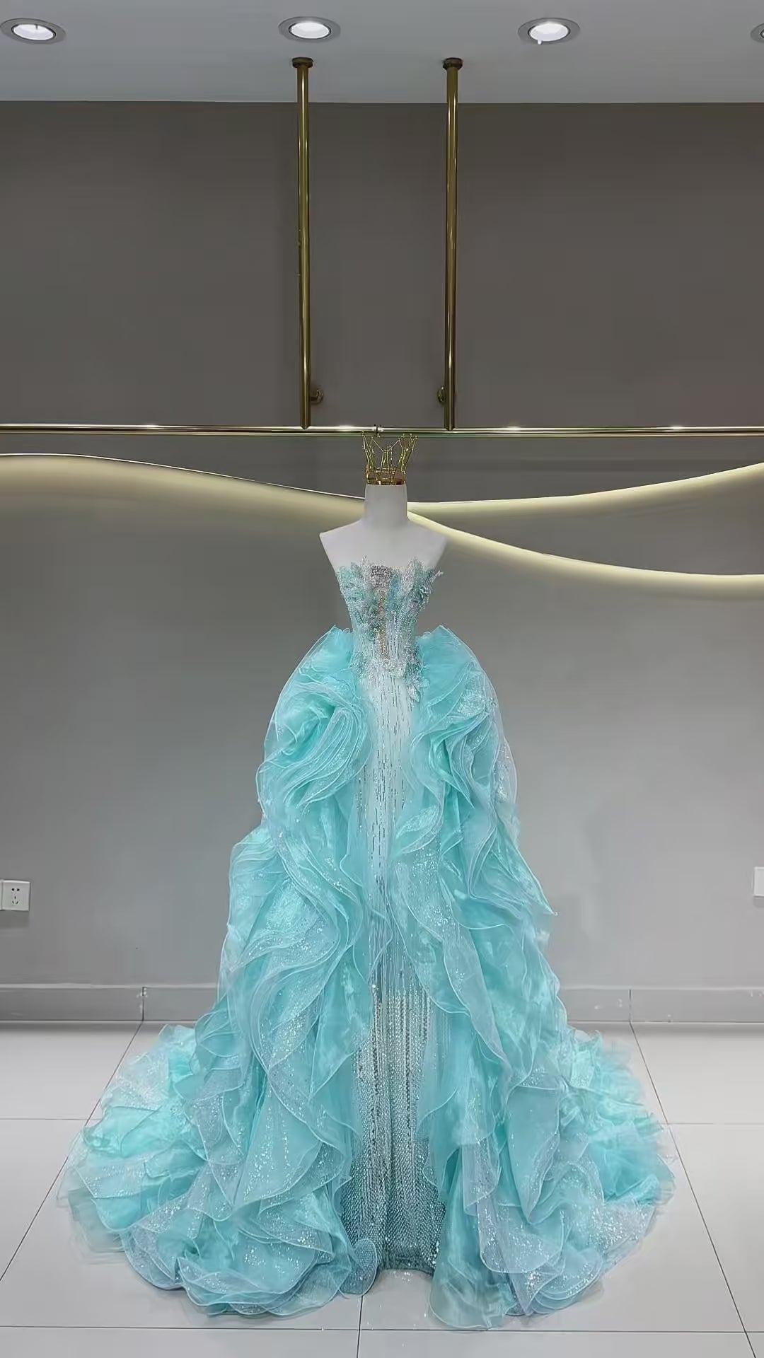SL231 Aqua Crystal Beaded Mermaid Dress with Voluminous Ruffle Overskirt