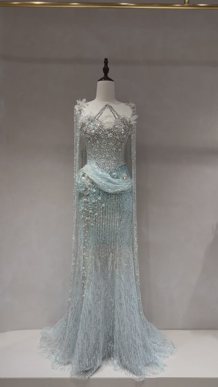SS251 Silver Crystal Sparkly Mermaid Evening Gown with Train