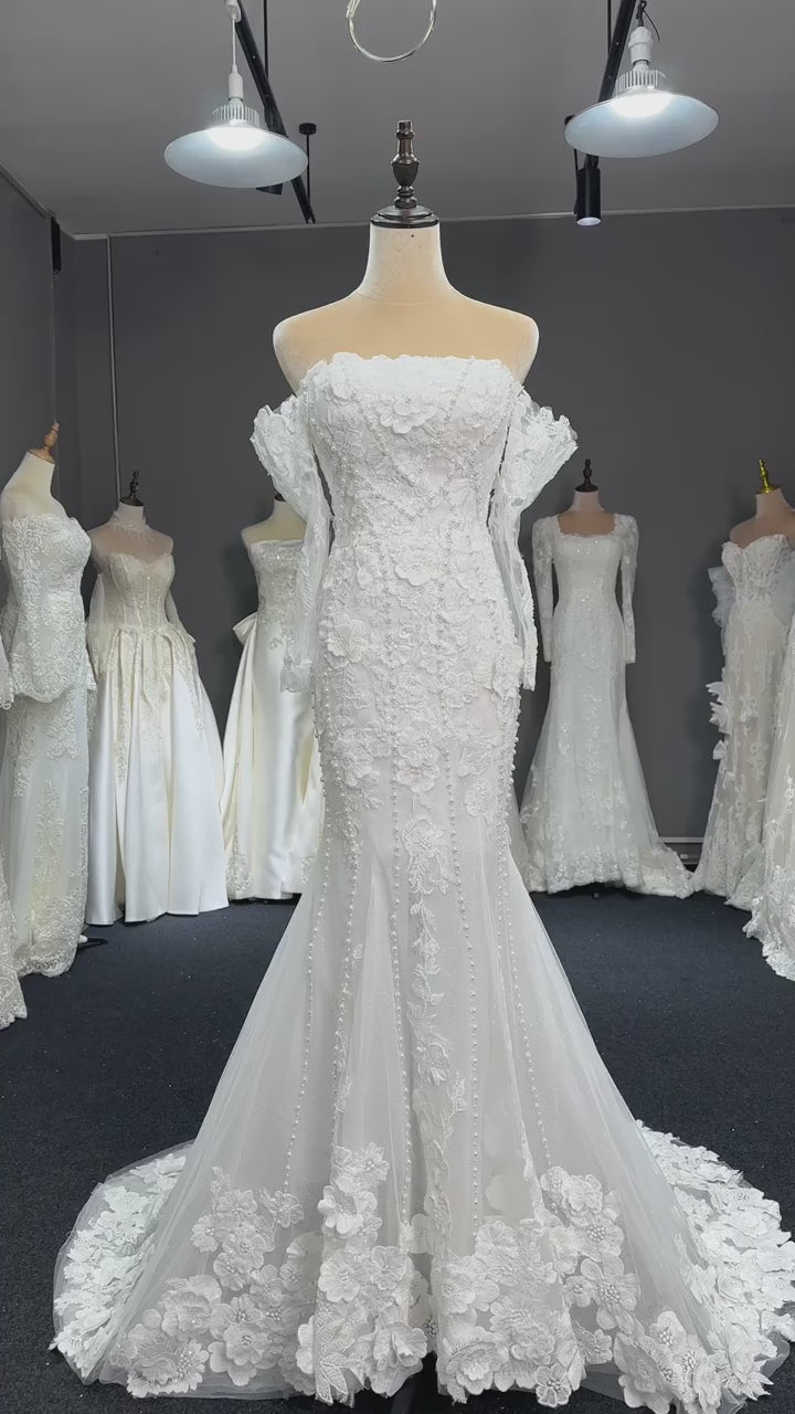 Luxury Off-Shoulder Lace Mermaid Wedding Dress with Long Sleeves LO212