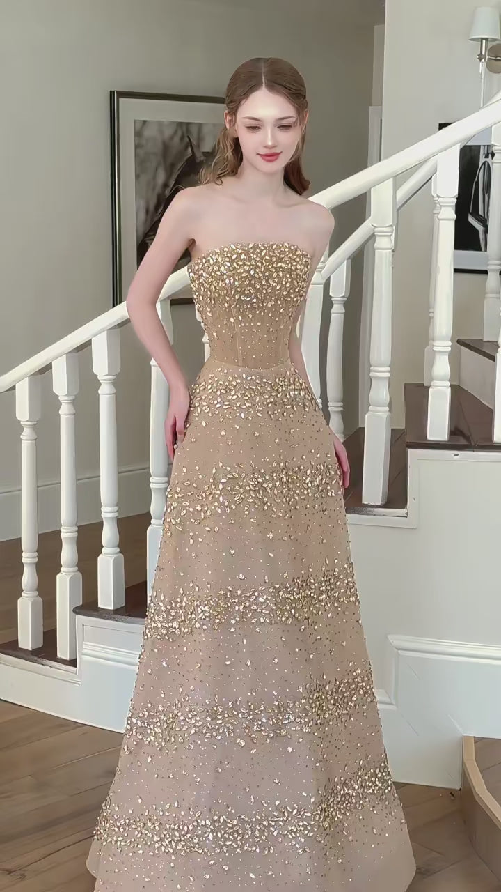 Glittering Champagne Strapless Evening Dress Beaded A-Line Formal Gown SL225