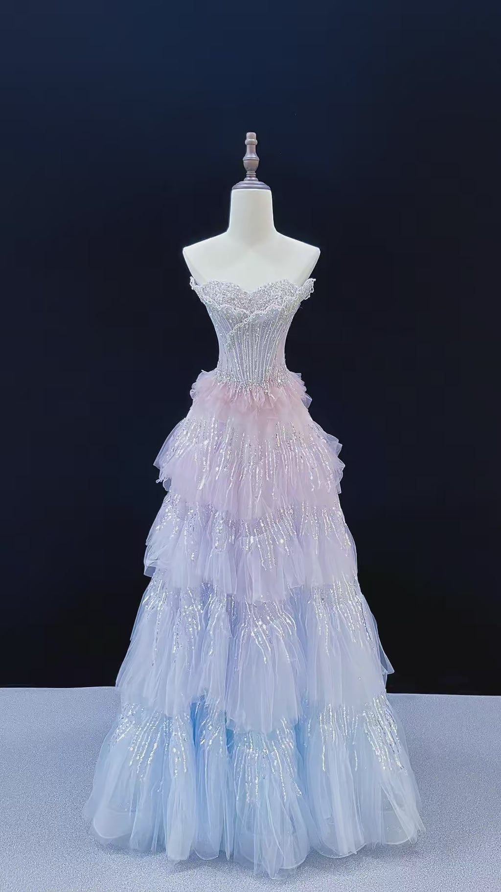 Ethereal Pastel Ombre Corset Beaded Tiered Tulle Evening Gown SL227