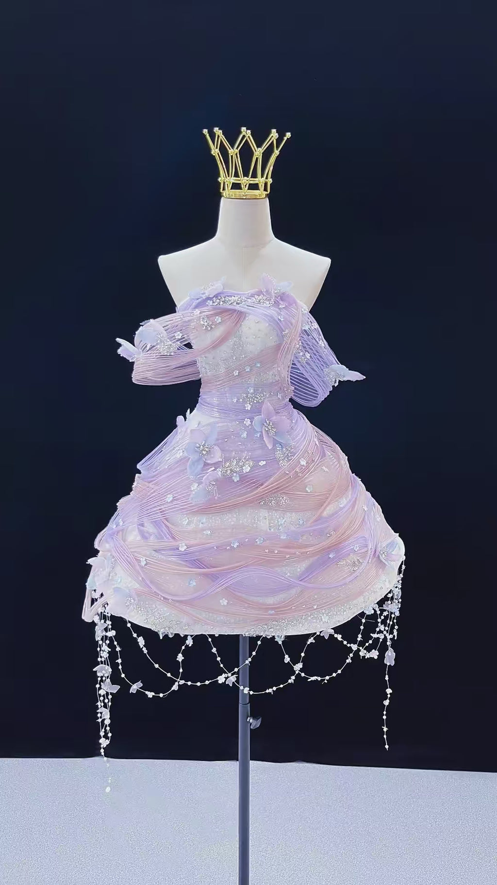 SL238 Lavender Pink Off Shoulder Mini Prom Dress 3D Floral Crystal Princess Dress