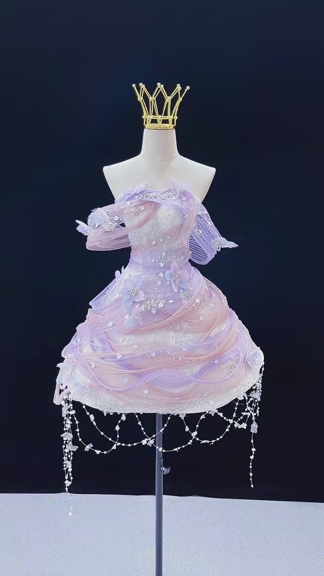 SL238 Lavender Pink Off Shoulder Mini Prom Dress 3D Floral Crystal Princess Dress