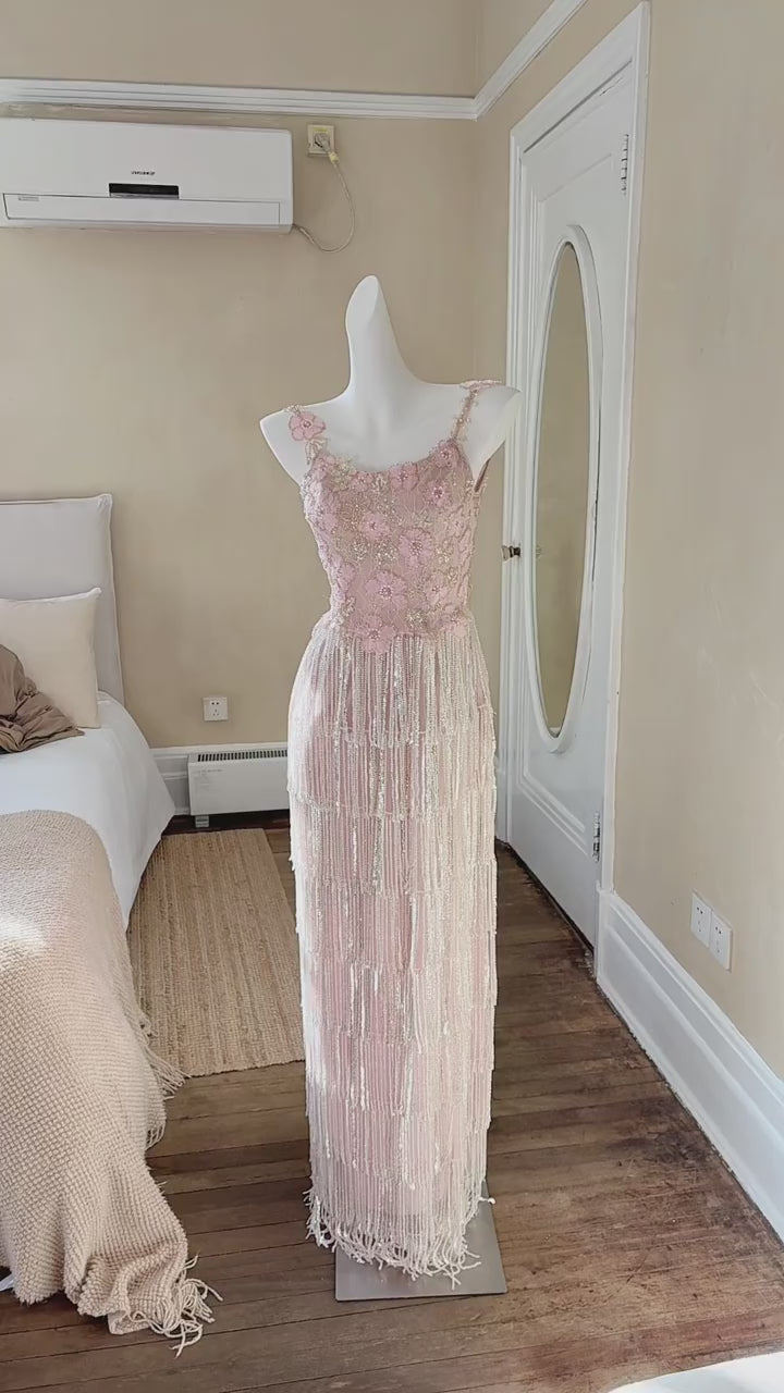 Pink Beaded Spaghetti Strap Column Evening Dress with Floral Appliqué Fringe E014