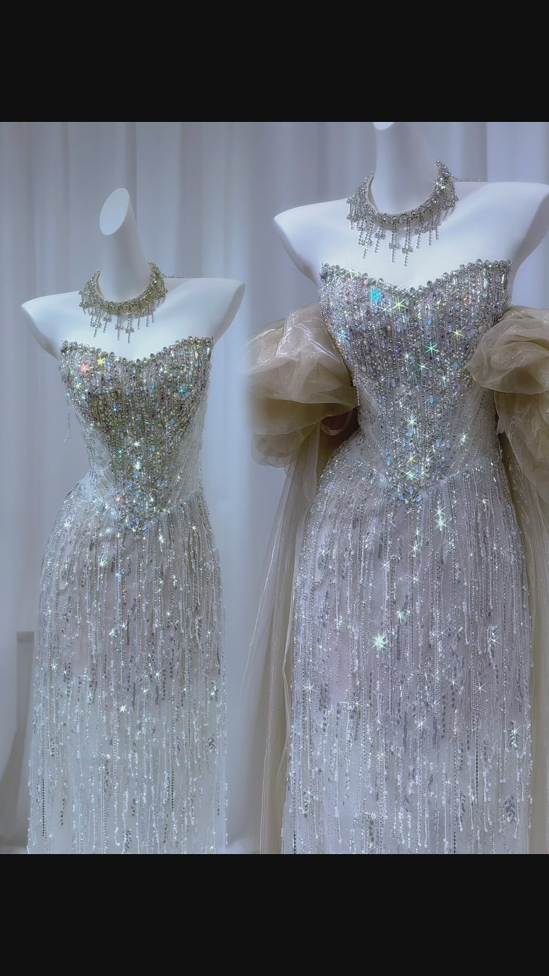 TwinkleGowns SL213 Silver Crystal Beaded Off-Shoulder Evening Gown with Sheer Train