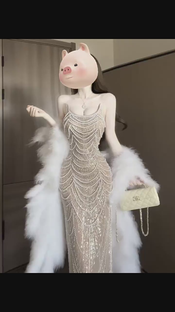 Pearl Lady Luxury Hand Beaded Dress Heavy Duty Flash Birthday Dress Y119