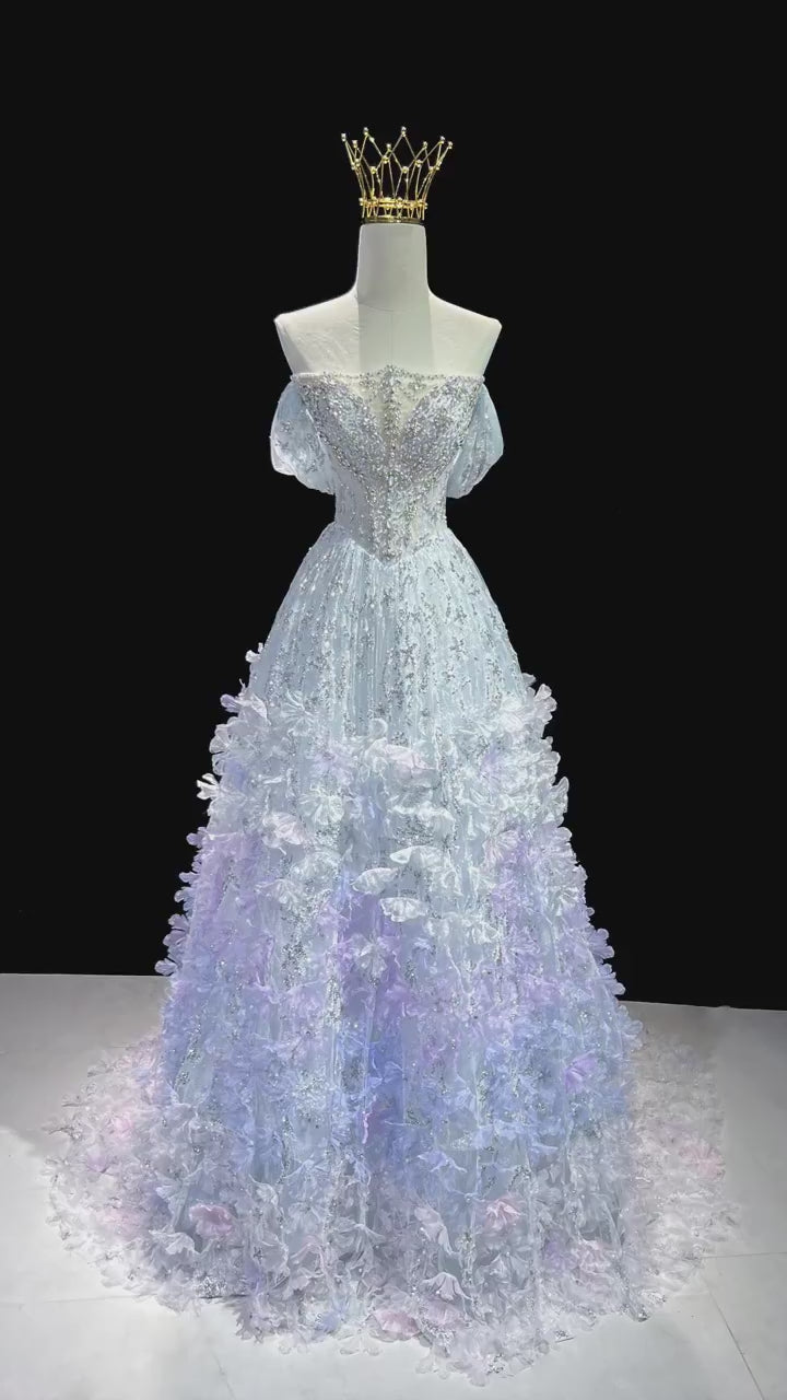 SL220 Sparkly Blue 3D Flower Detachable Sleeves Off-Shoulder  Evening Dress