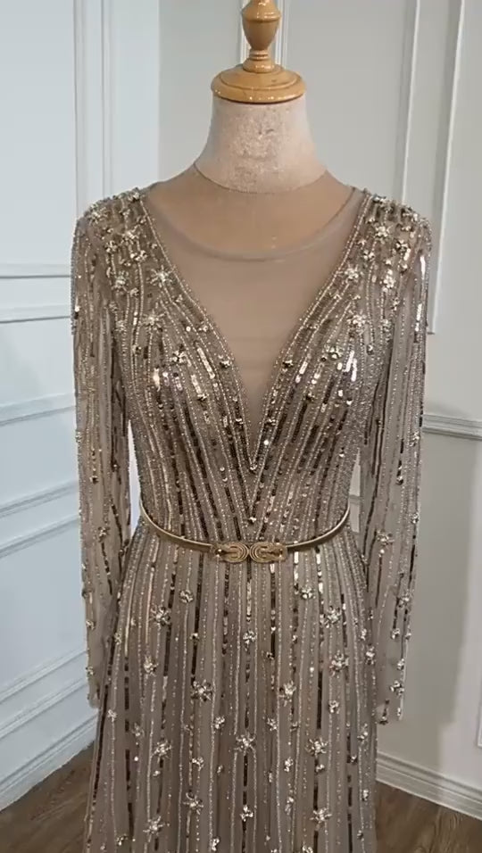 Elegant Mocha Brown Beaded Long Sleeve Evening Dress with Illusion Neckline SL129