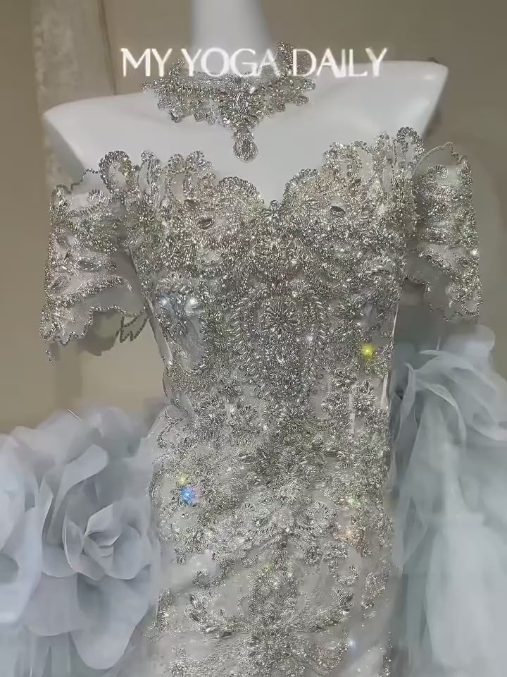 Twinklegowns Luxury Crystal Beaded Mermaid Wedding Dress with Detachable Tulle Sleeves SL149
