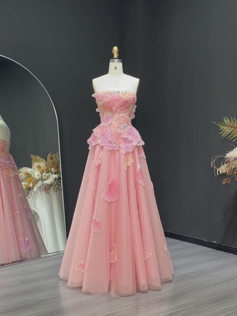 Elegant Pink 3D Floral Beaded Ball Gown Evening Dress YL142
