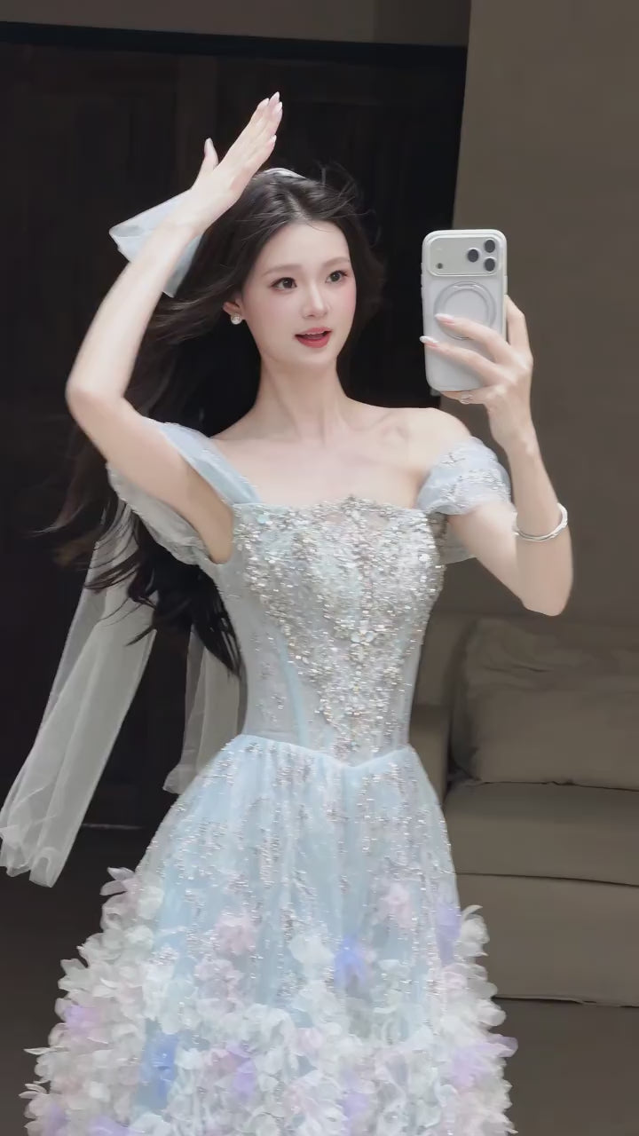 SL220 Sparkly Blue 3D Flower Detachable Sleeves Off-Shoulder  Evening Dress