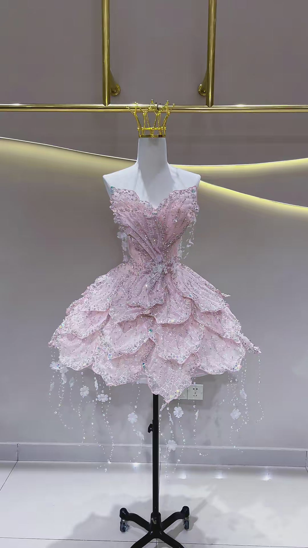 SL245 Luxury Pink Crystal Corset Petal Mini Ball Gown Formal Dress