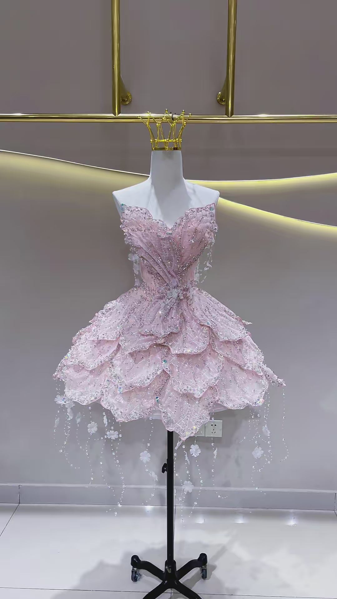 SL245 Luxury Pink Crystal Corset Petal Mini Ball Gown Formal Dress