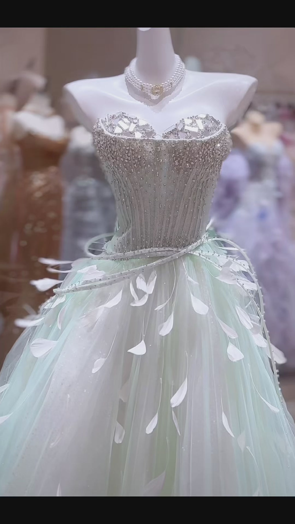 Mint Green Ball Gown Prom Dress with Detachable Sleeves and Lace-Up Back SL208