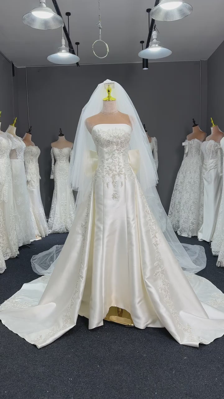 Luxury White Satin Wedding Dress with Overskirt LO210