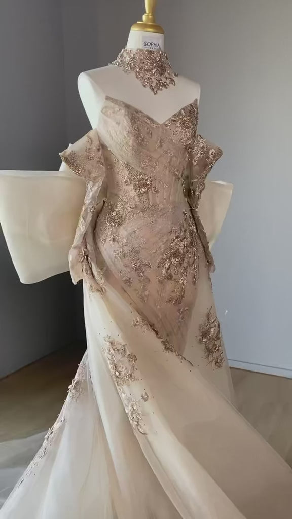 Romantic Gold Evening Dress with Dramatic Tulle Overskir SL142