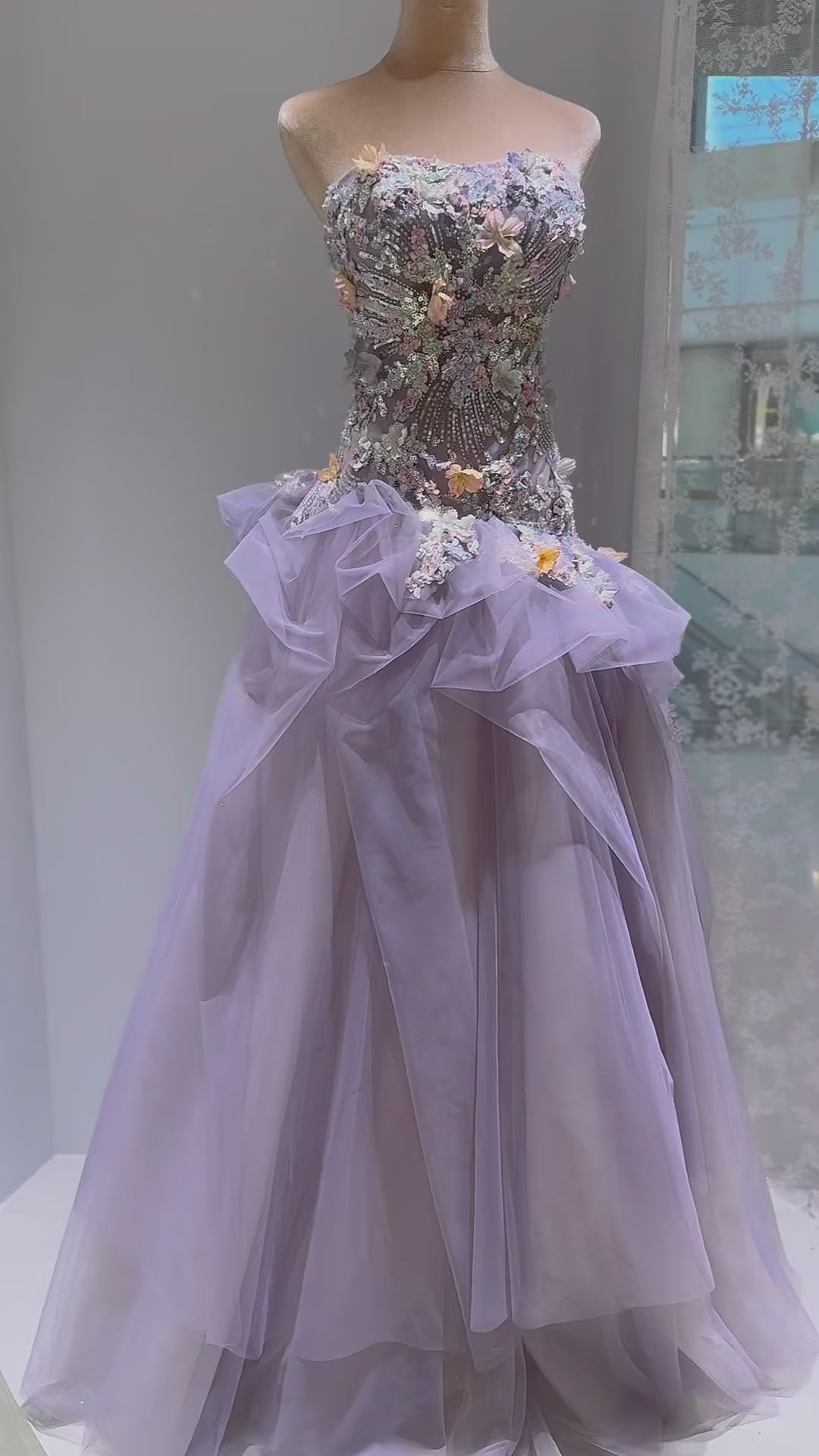 Luxury Lavender Strapless Beaded Evening Gown with Scarf SL136