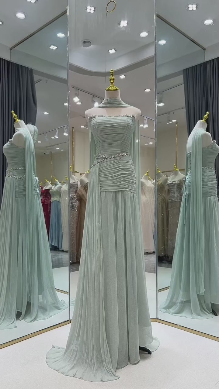 SL221 Sage Green Strapless Ruched Evening Dress with Scarf