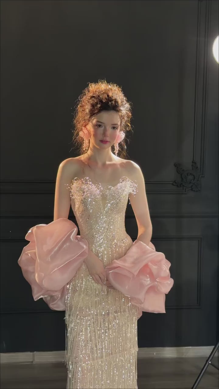 Luxury Sequin Beaded Evening Gown with Dramatic Organza Sleeves SL205