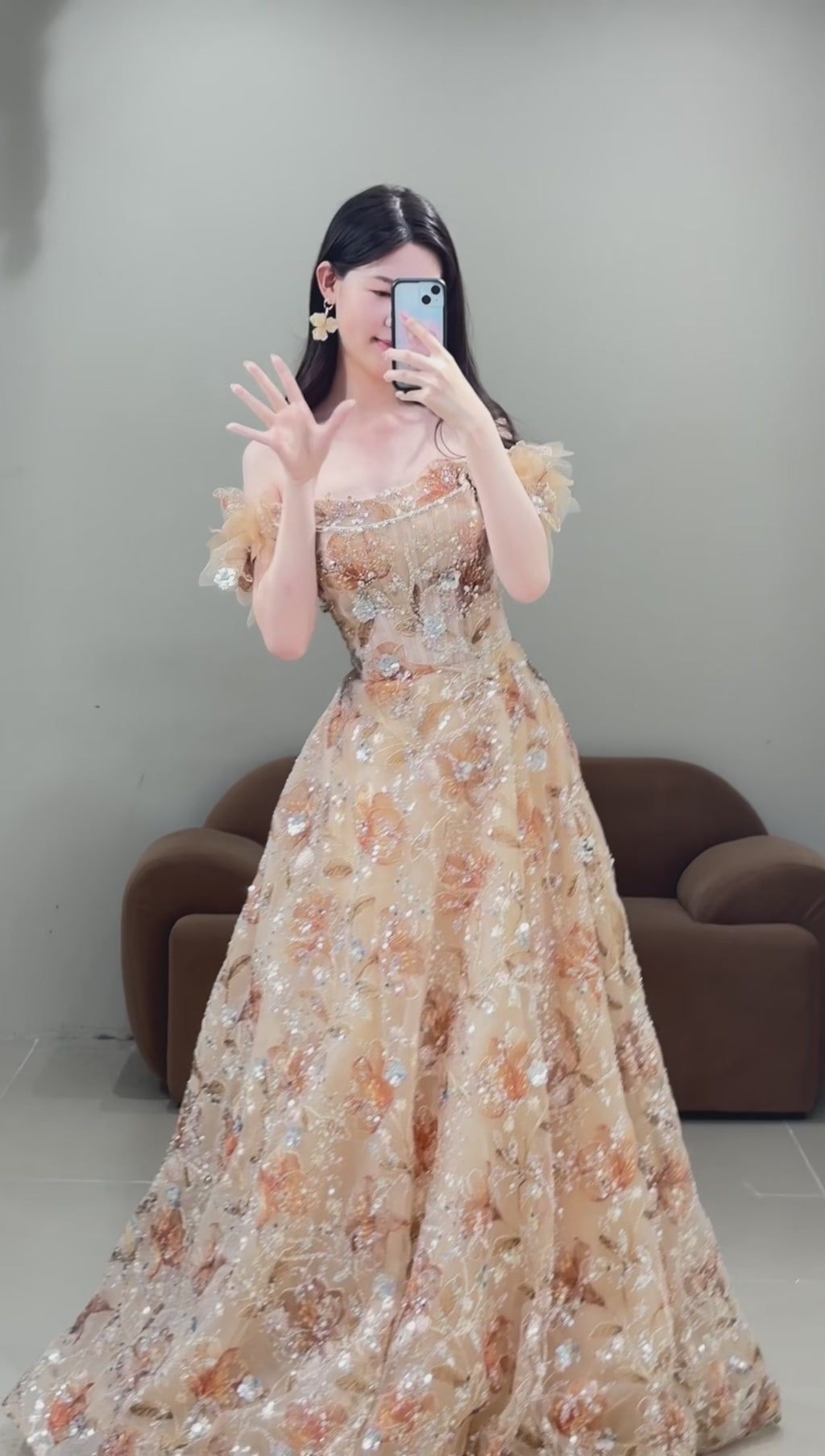 Luxury Champagne Floral Embroidery Evening Gown Off-Shoulder Couture Ball Gown WL163