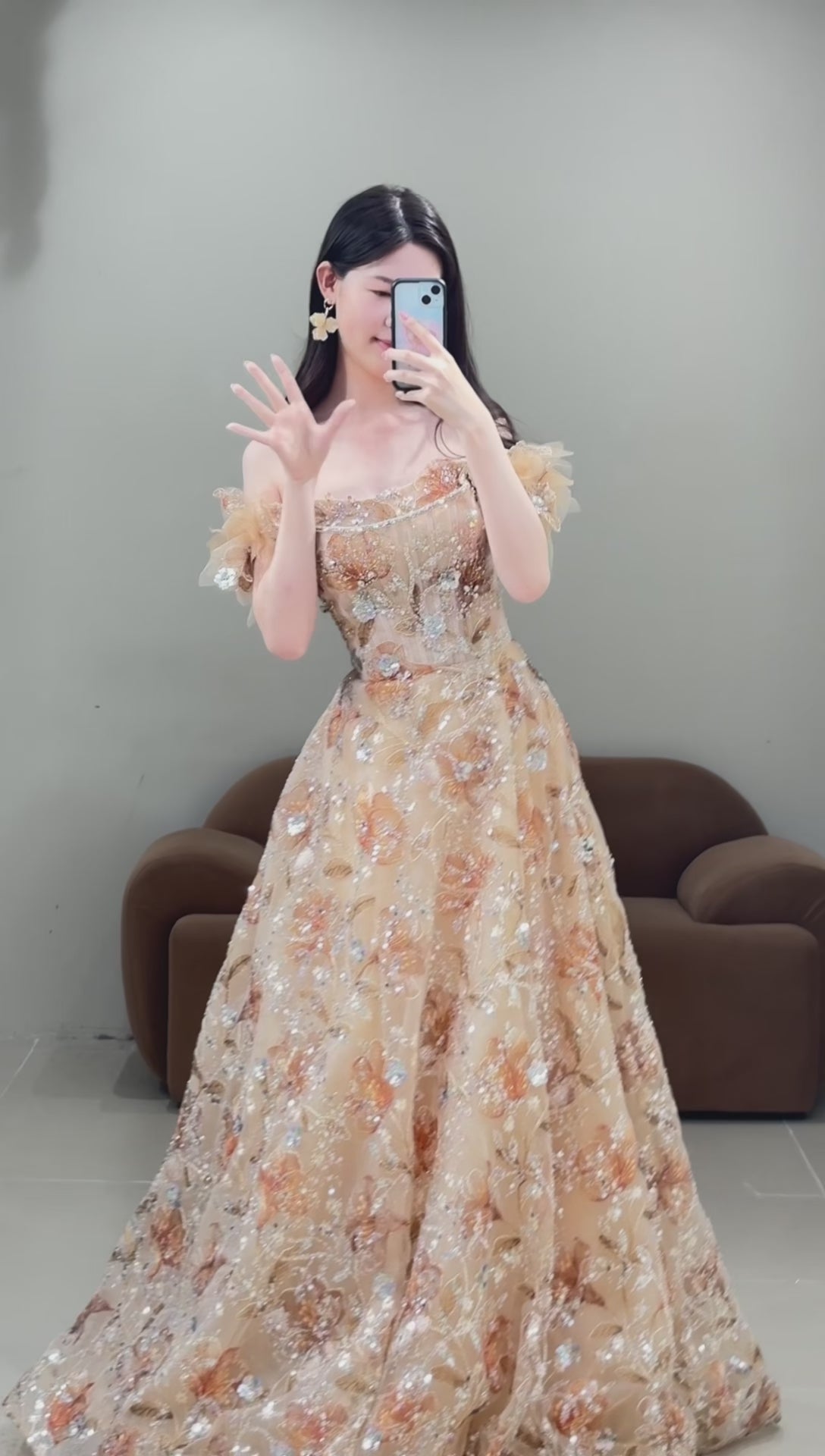 Luxury Champagne Floral Embroidery Evening Gown Off-Shoulder Couture Ball Gown WL163