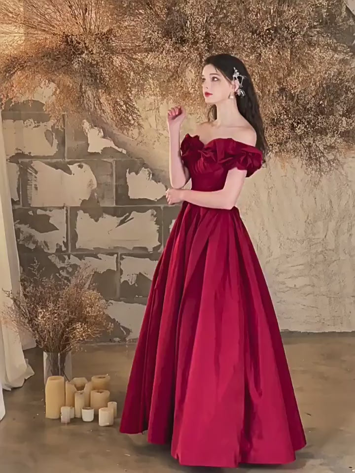 Burgundy Off - Shoulder Ruffled Ball Gown Evening Dress E016