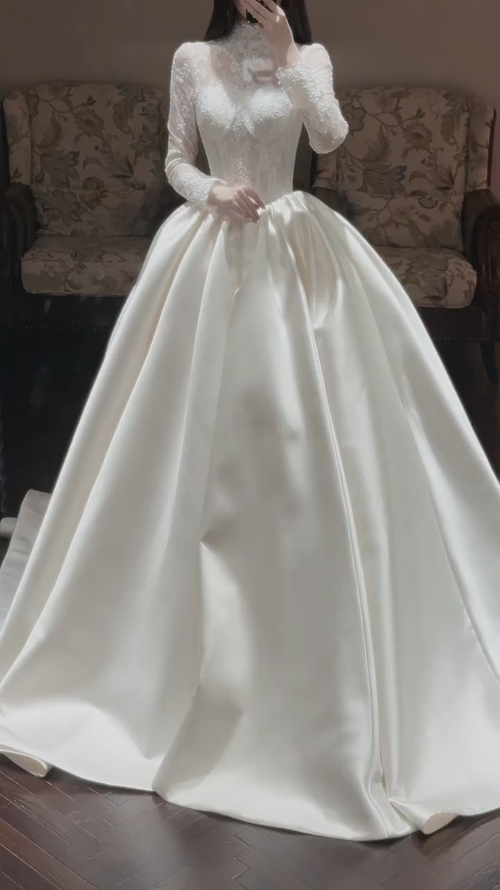 Elegant High-Neck Lace Satin Ball Gown Wedding Dress QD214