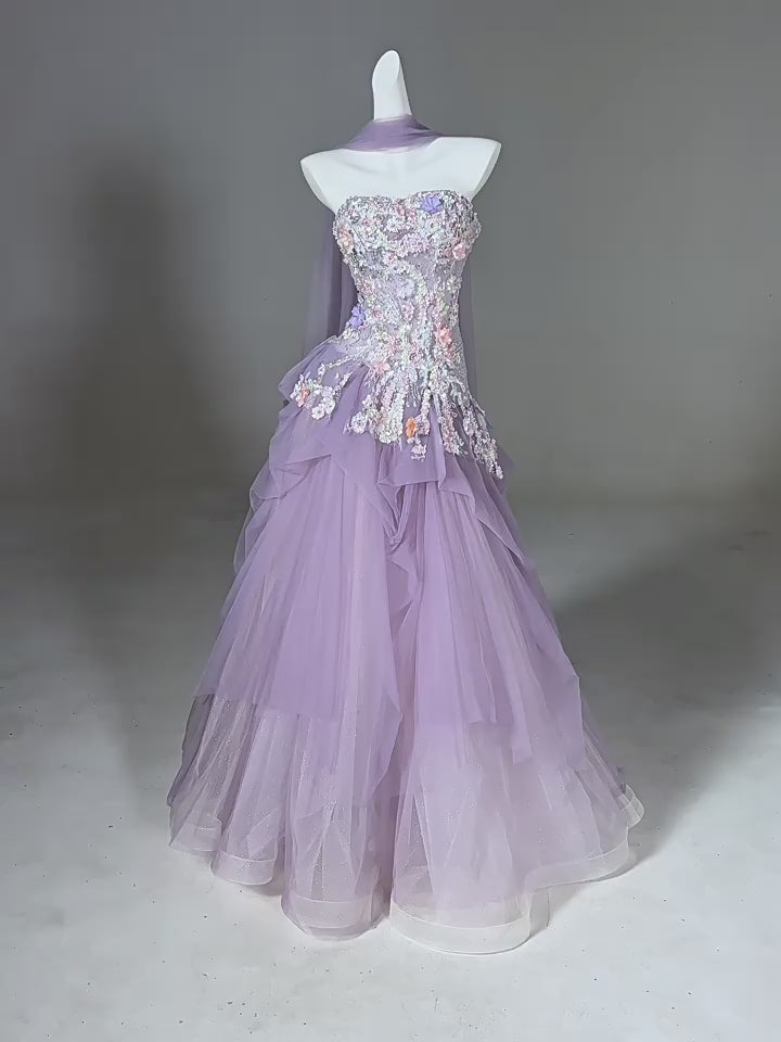 Luxury Lavender Strapless Beaded Evening Gown with Scarf SL136