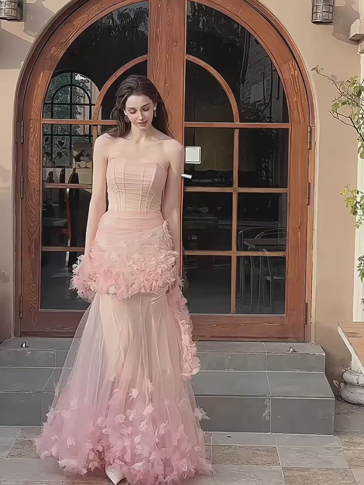 Elegant Blush Pink Strapless Floral Evening Gowns SL147