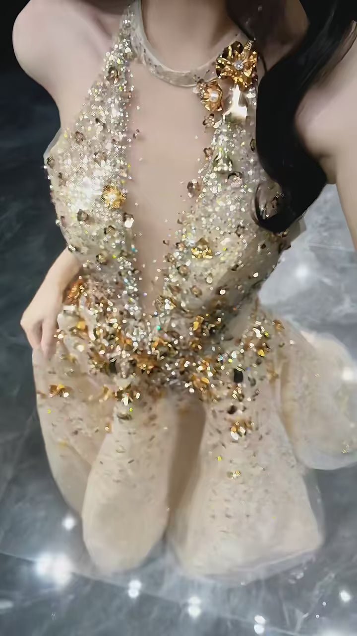 Luxury Gold Glitter Ball Gown Halter Neck Prom Dress SL153