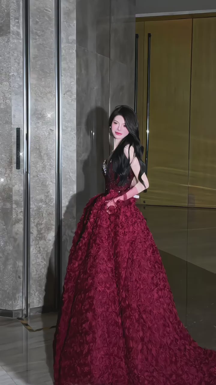 Stunning Burgundy Rose Couture Gown 2026 New Year Gala Red Carpet Masterpiece CM118