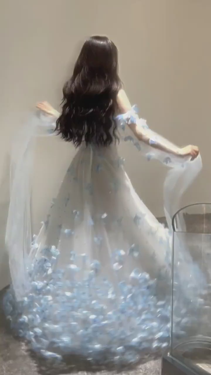 Blue Petal Appliqué Beaded A-Line Evening Dress with Sheer Tulle Cape YL125