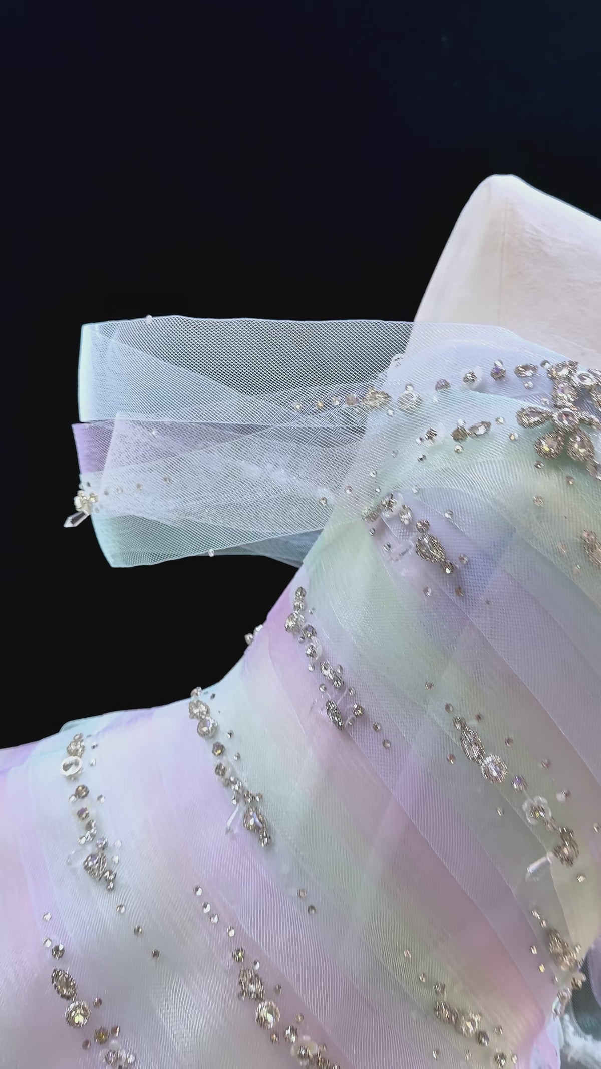 SL243 Iridescent Pastel Off-Shoulder Mini Prom Dress with Crystal Embellishments Long Tulle Train