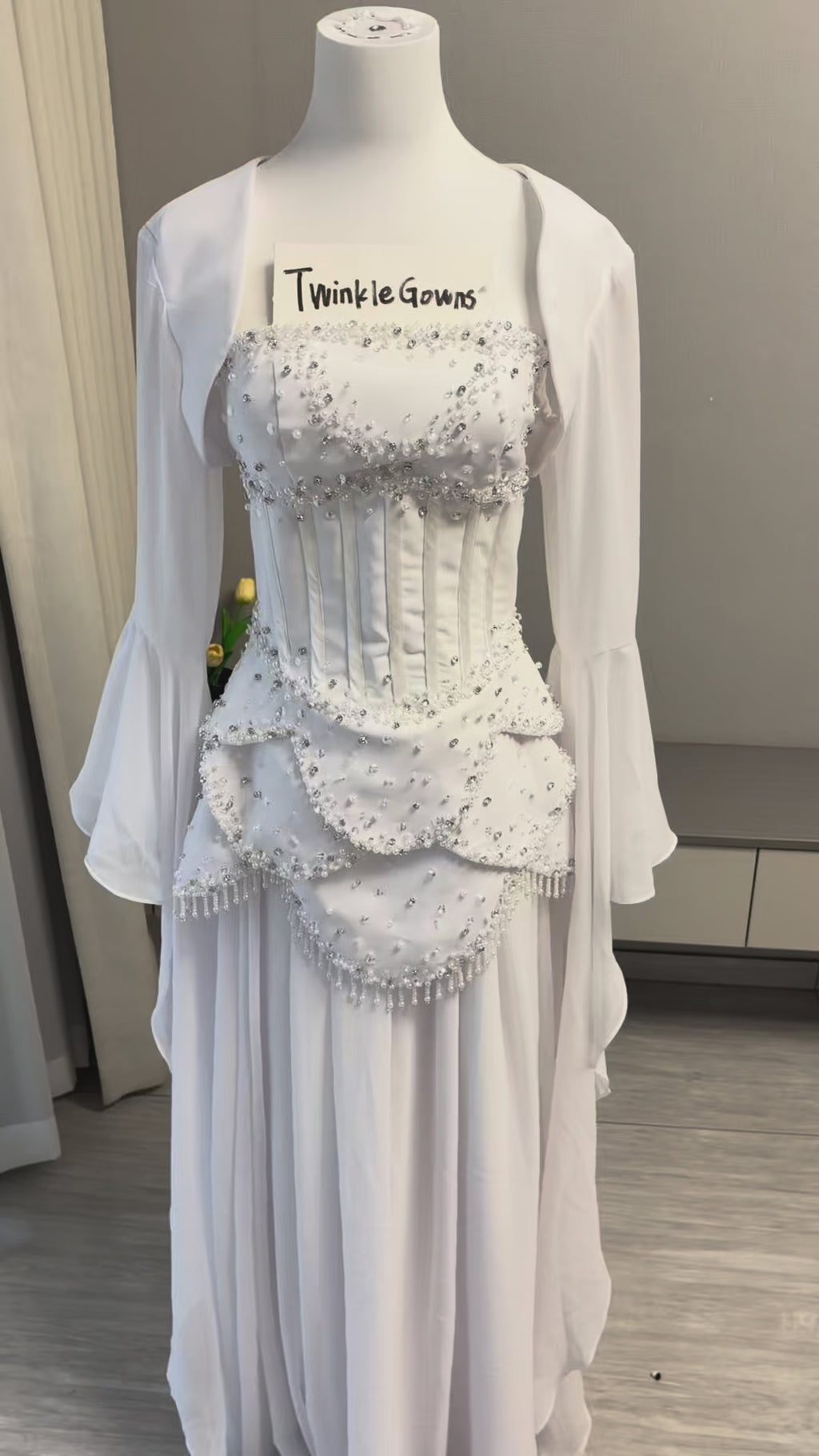 Blue Strapless Beaded Corset Gown with Sheer Cape Sleeves SL188