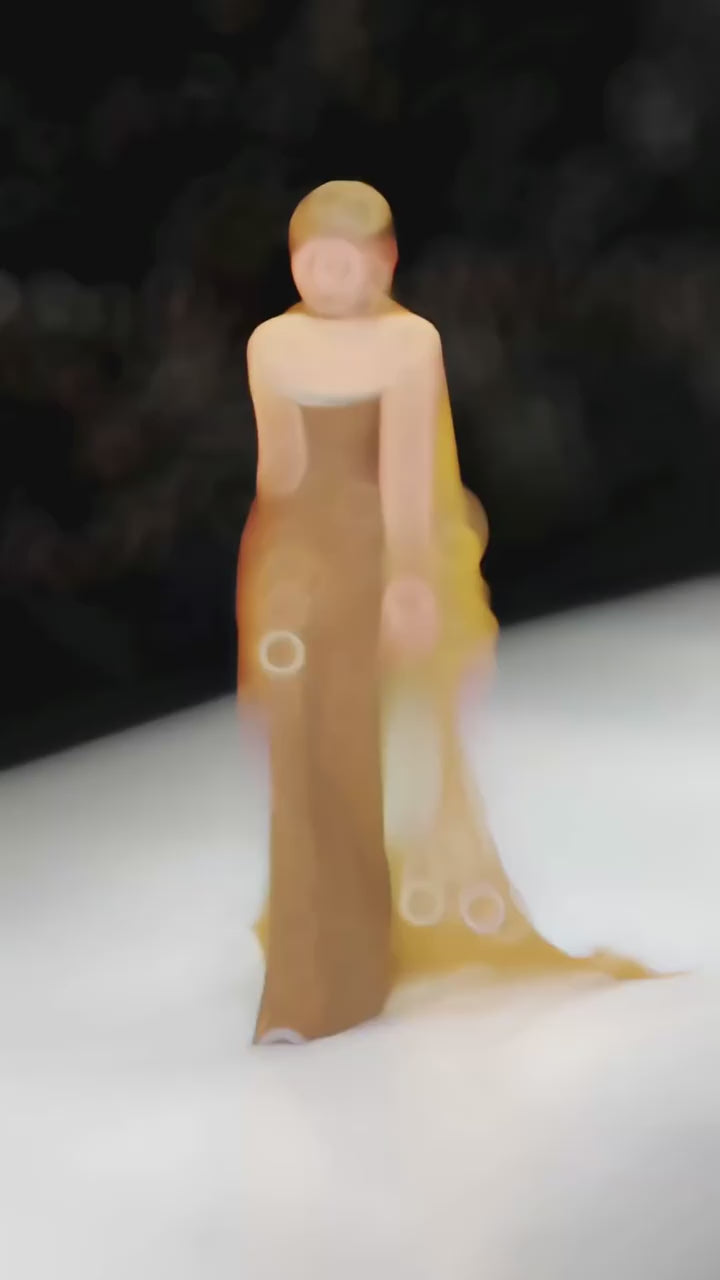 Glamorous Champagne Gold Draped Glitter Evening Gown with Sheer Cape SL211