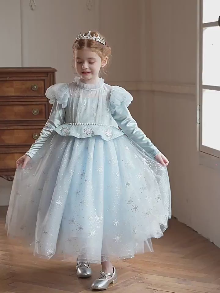New Arrival Girls' Light Blue Sequin Tulle Dress Premium Puffy Christmas Birthday Formal Wear