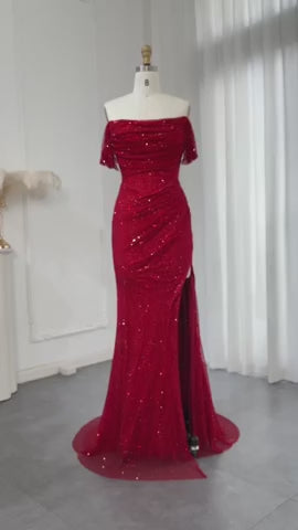 Sparkling Red Off-Shoulder Evening Dress with Side Slit SL162