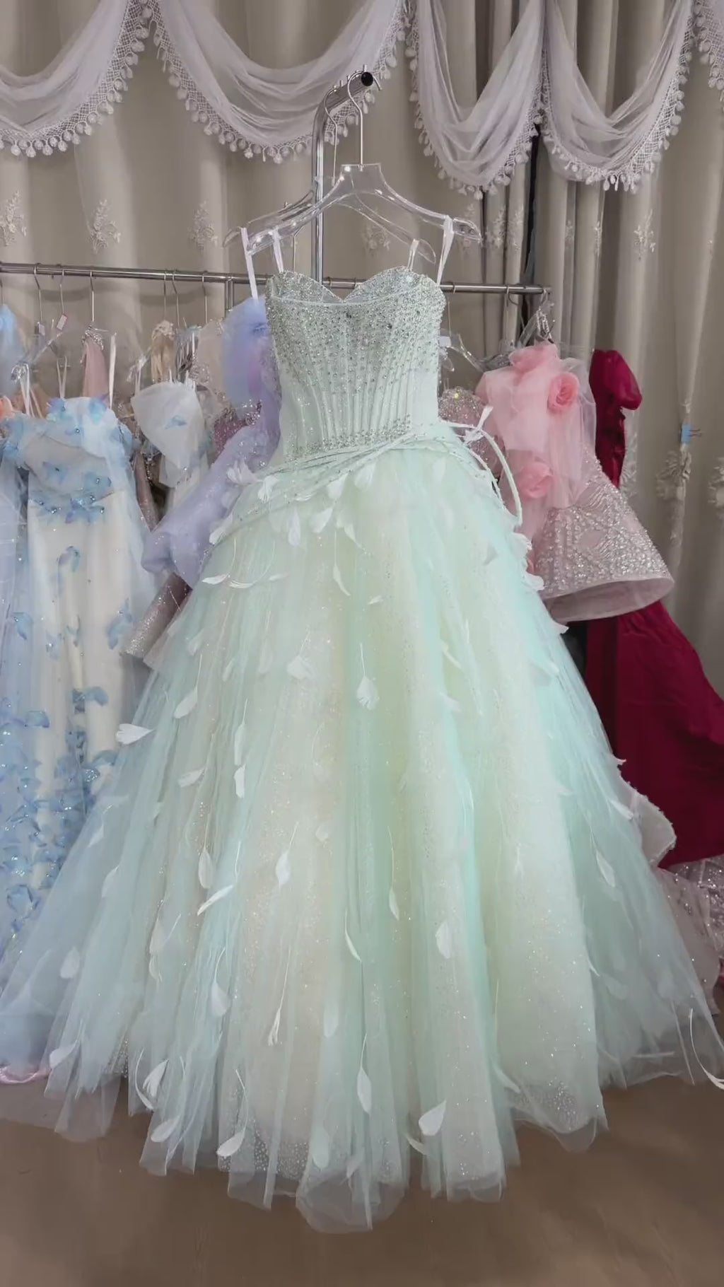 Mint Green Ball Gown Prom Dress with Detachable Sleeves and Lace-Up Back SL208