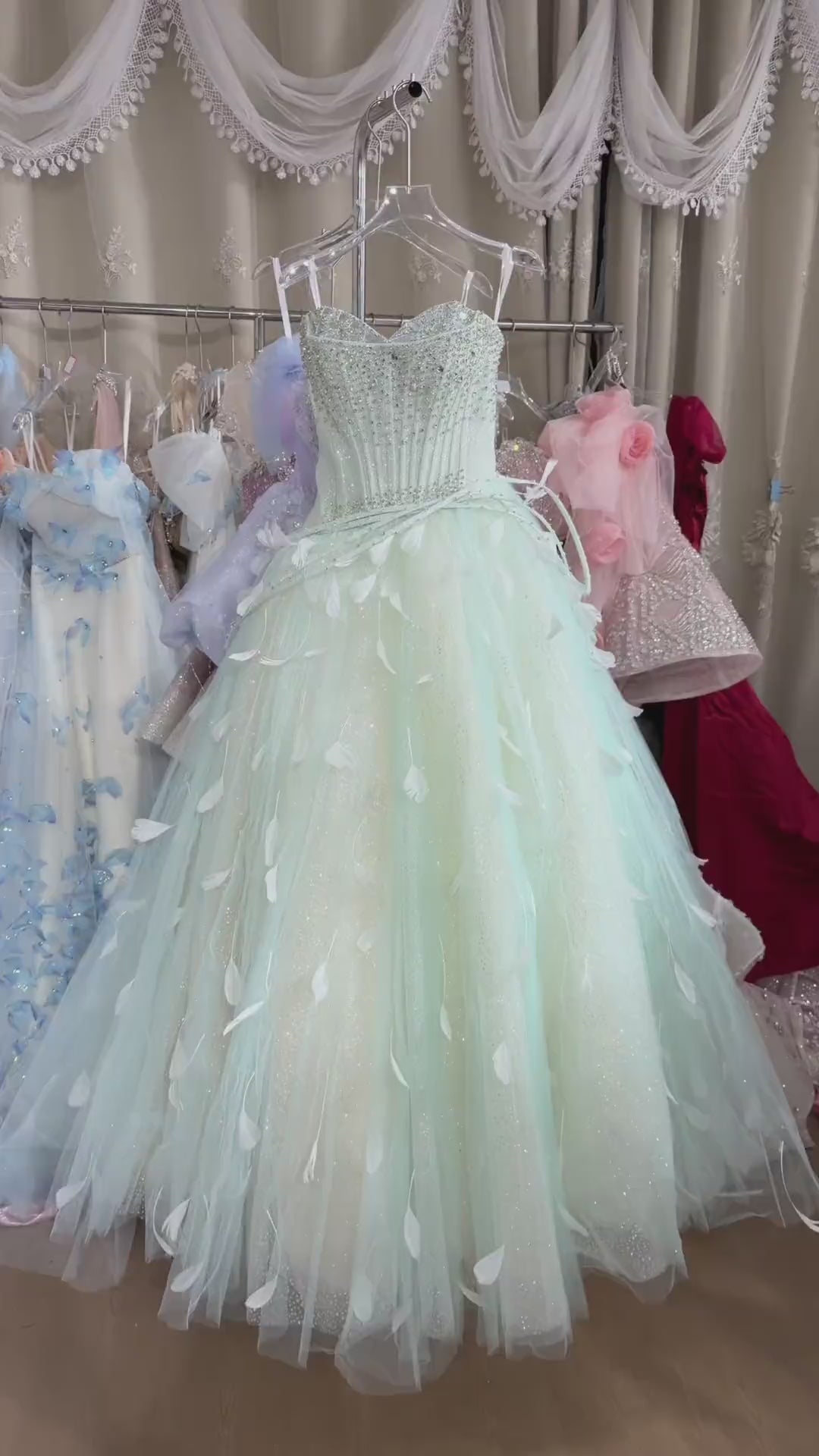 Mint Green Ball Gown Prom Dress with Detachable Sleeves and Lace-Up Back SL208