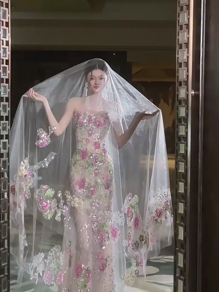 Blush Floral Embroidered Mermaid Wedding Dress with Veil Cape SL137