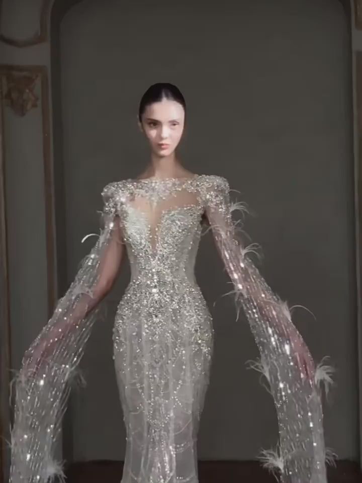 Luxury Silver Beaded Mermaid Wedding Dress with Feather Cape Sleeves SL130