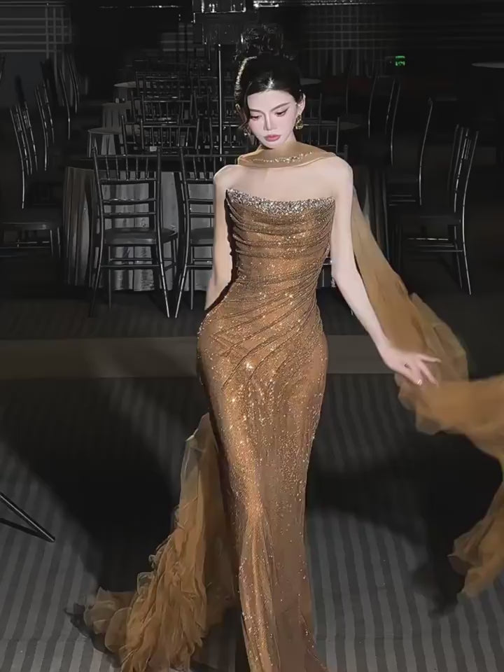 Elegant Gold Mermaid Evening Dress with Detachable Tulle Train SL154