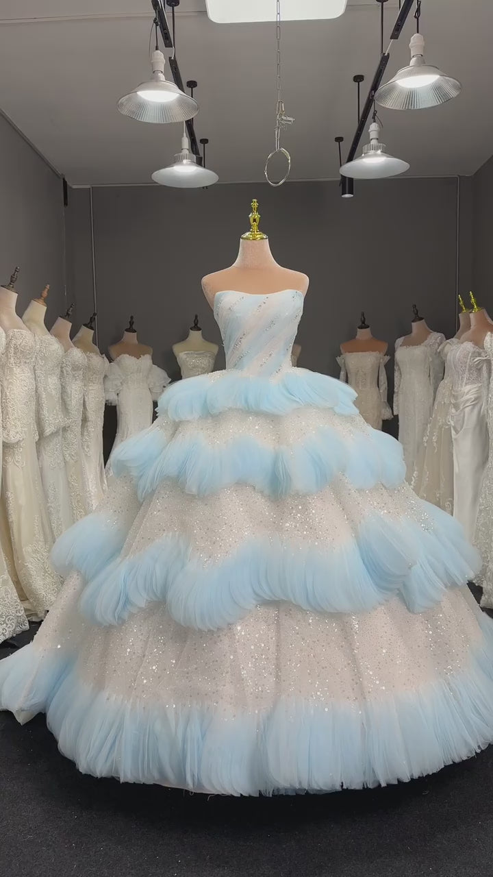 Luxury Layered Blue Tulle Ball Gown Bridal Dress LO213