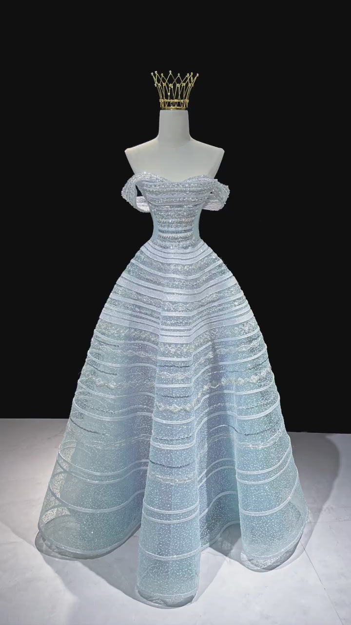 SL219 Dreamy Off-Shoulder Blue Glitter A-Line Evening Dress