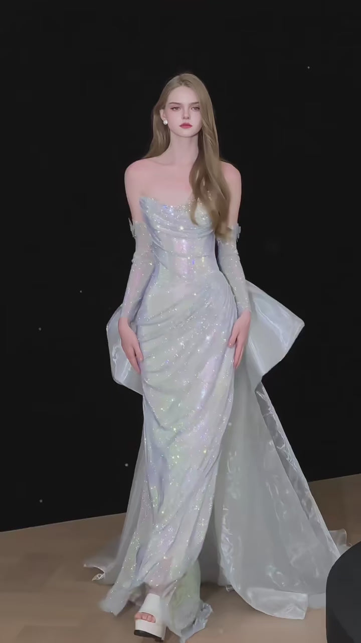 Sparkling Ice Blue Strapless Mermaid Dress with Detachable Train SL226