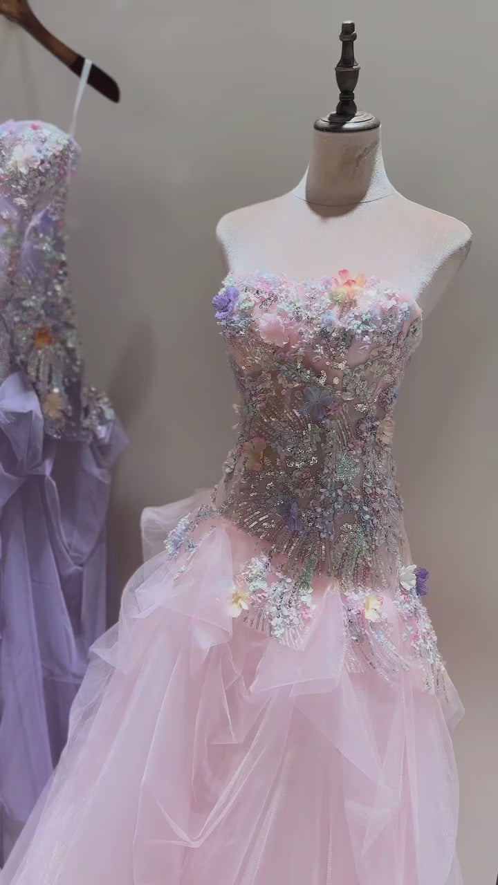 Luxury Lavender Strapless Beaded Evening Gown with Scarf SL136