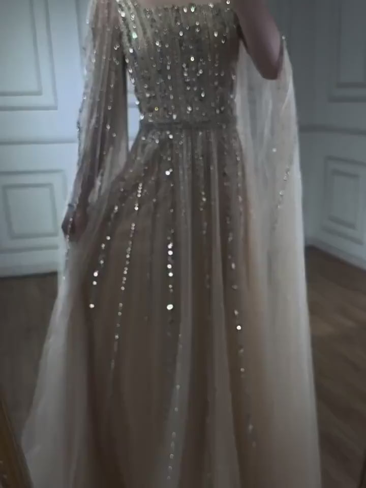 Champagne Sparkle Beaded Tulle Evening Gown with Cape Sleeves SL135