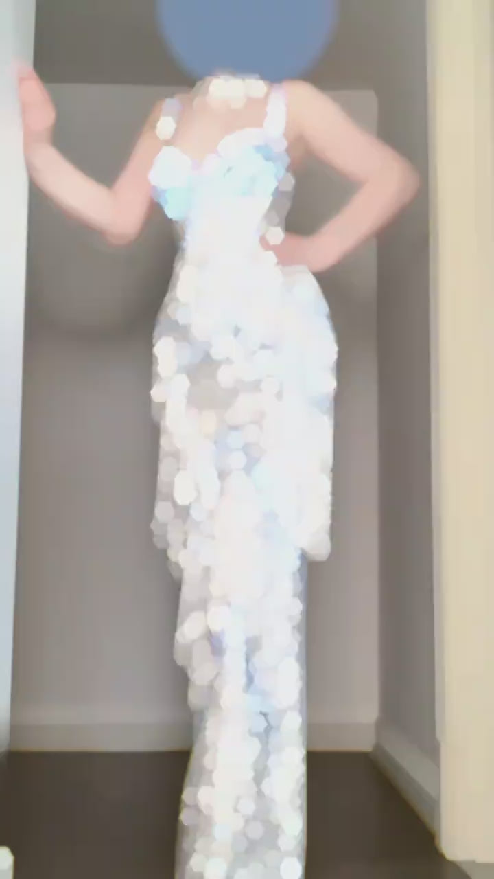 Silver Blue Beaded Spaghetti Strap Column Evening Gown with Crystal Fringe YL130